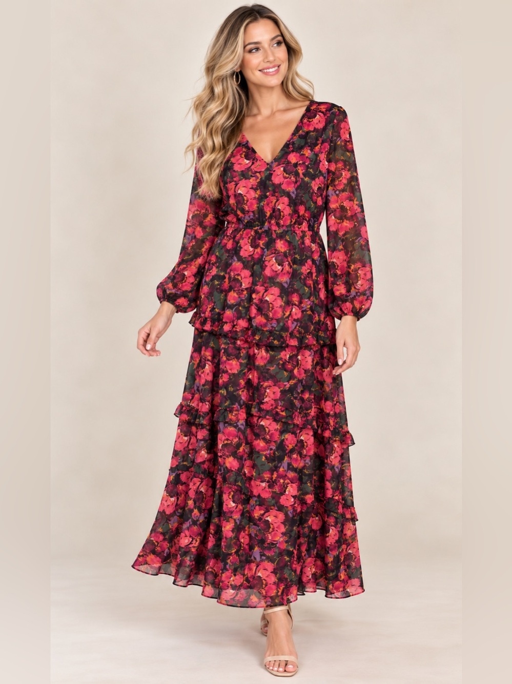 Jessica Simpson Tabatha Floral Tiered Chiffon Maxi Dress NWT L